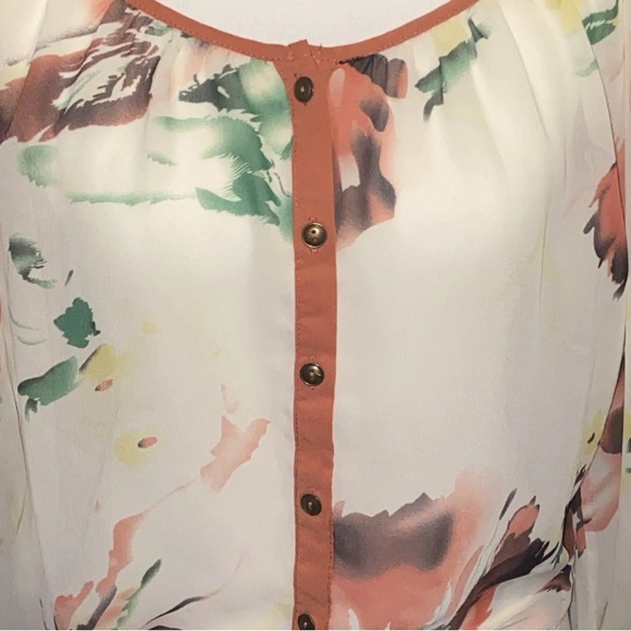 Daytrip Womens Large Button Down Tie Waist Sheer Floral Balloon Slv Blouse - Picture 4 of 12